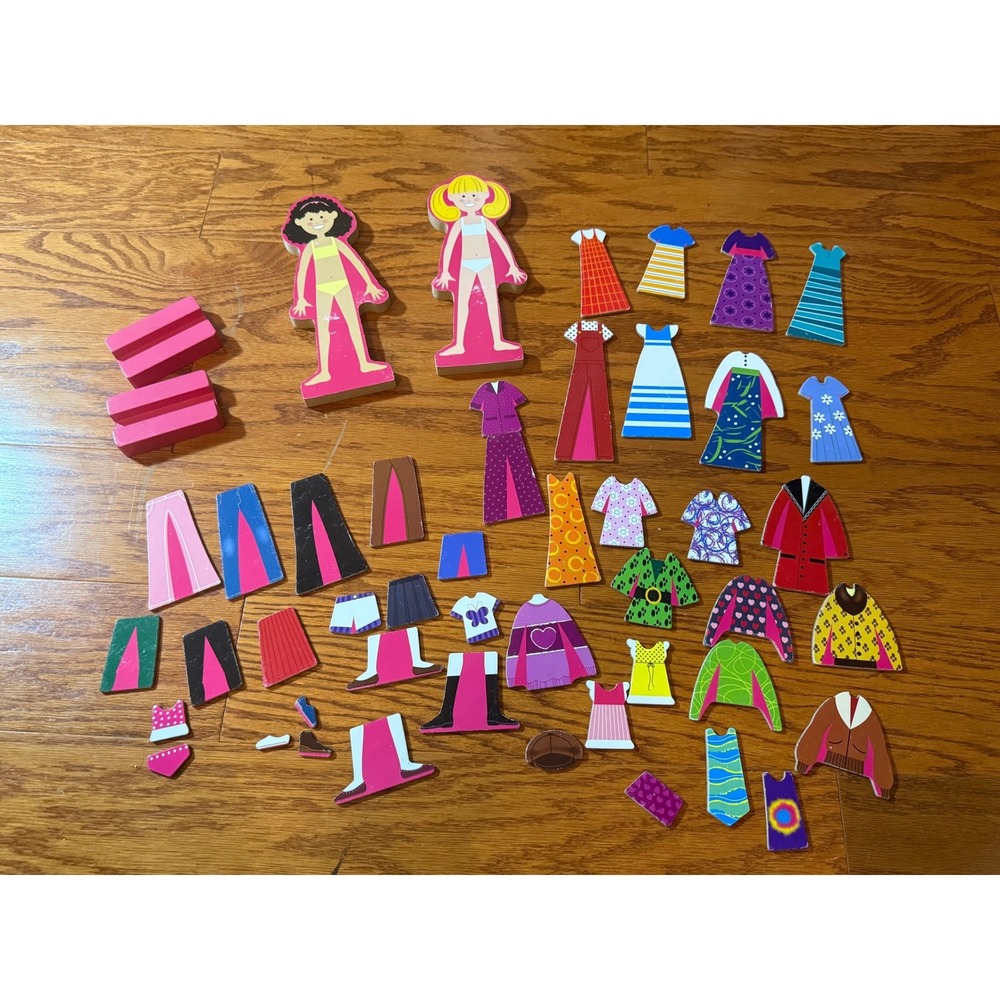 Melissa & Doug Abby and Emma Deluxe Magnetic Wooden Dress-Up Dolls Play Set EUC